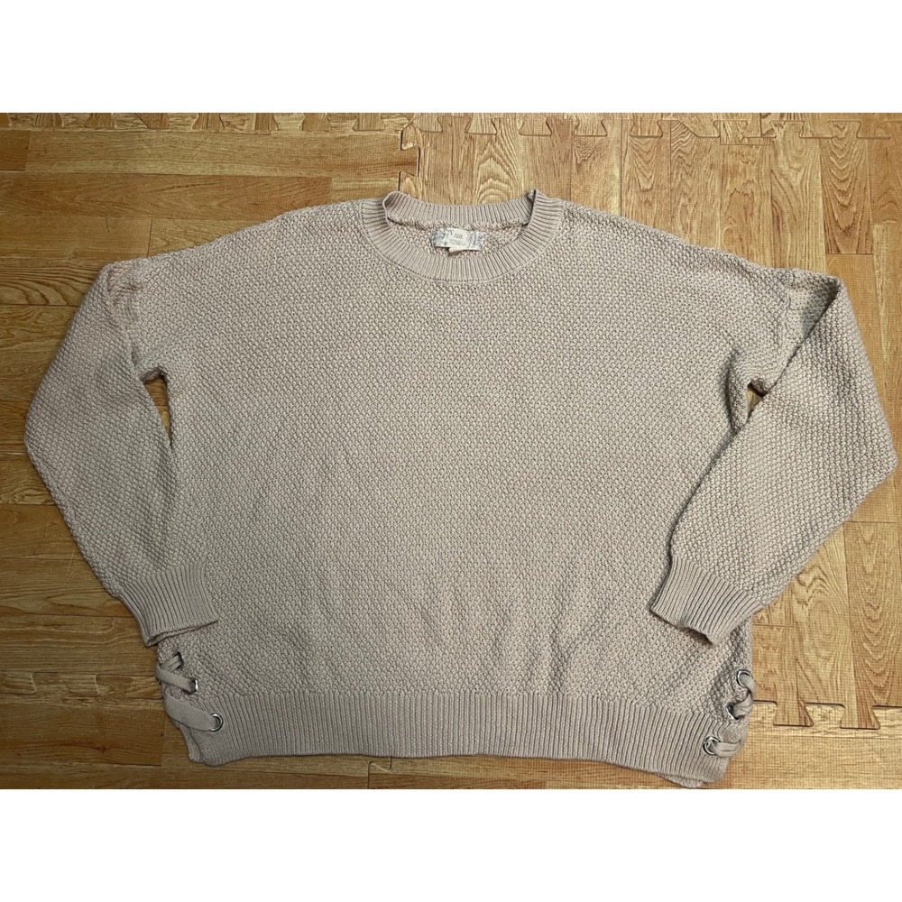 Pink Republic Womens XL Beige Popcorn Knit Lace Up Side Grommet Crewneck Sweater